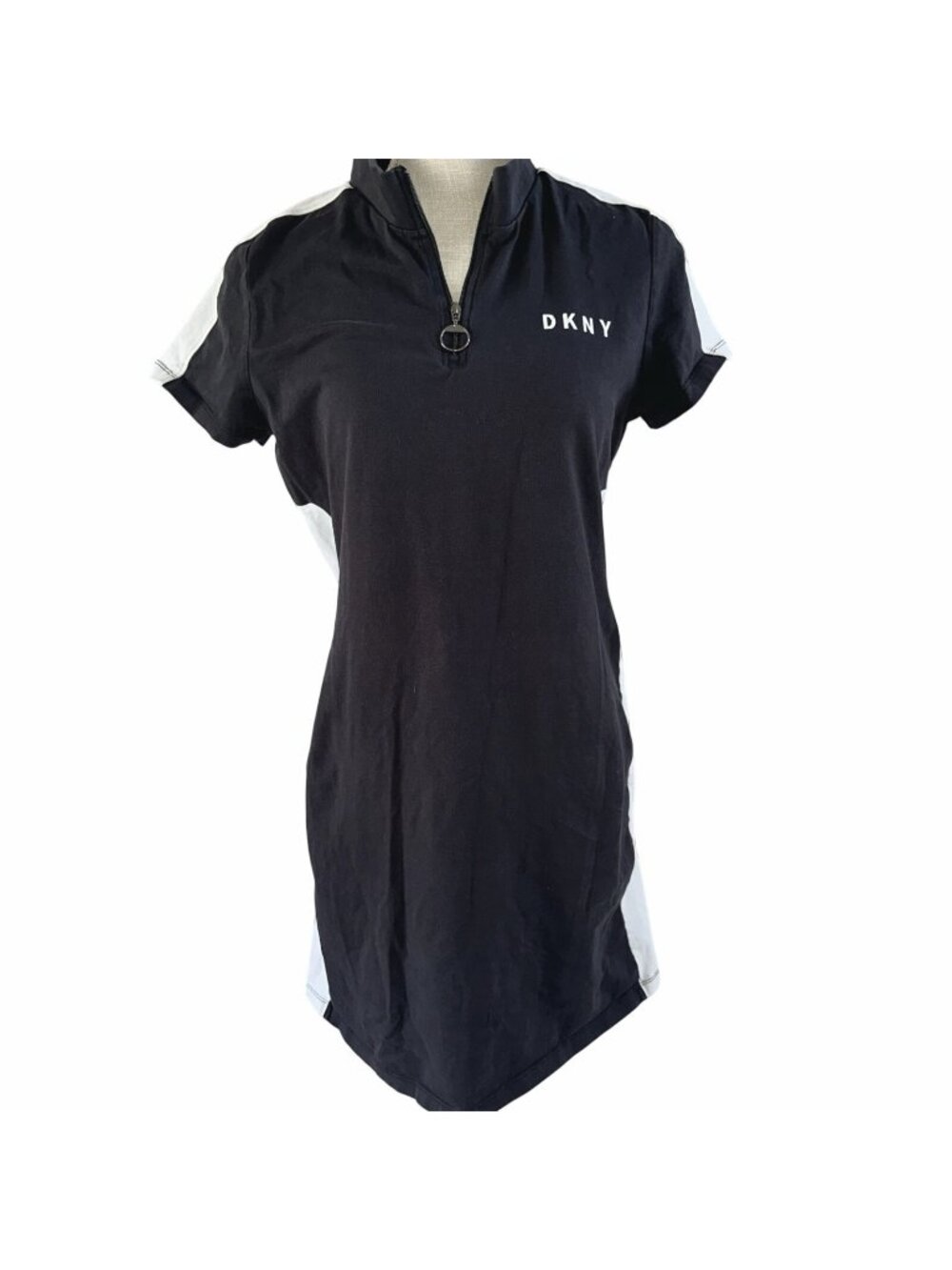DKNY Womens Black & White Short Sleeve Zip Polo Dress Size L